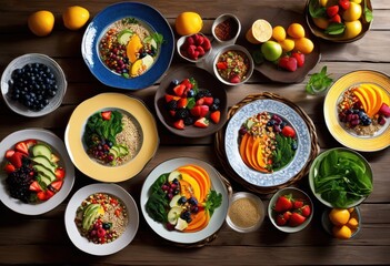 colorful plates featuring varied healthy dietary options fresh grains nutritional balance, vibrant, colors, vegetables, nutritious, fruits, wholesome