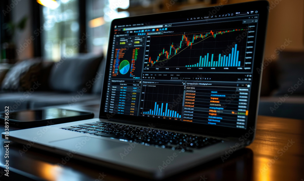 Poster laptop displaying data analysis and graphs for real-time financial analysis in sophisticated modern 