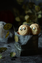 Funny spooky french macarons beige with eyes on dark background with spiders and spider net
