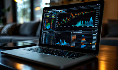Fototapeta premium Laptop Displaying Data Analysis and Graphs for Real-Time Financial Analysis in Sophisticated Modern Workspace, Focus on Technology Use in Finance, Stock Market Insights and Business Intelligence Tools