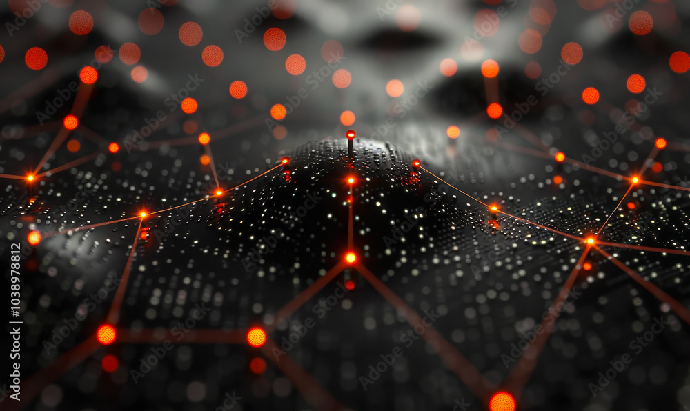 Poster glowing red network nodes on a black surface representing connectivity and data transmission in a da