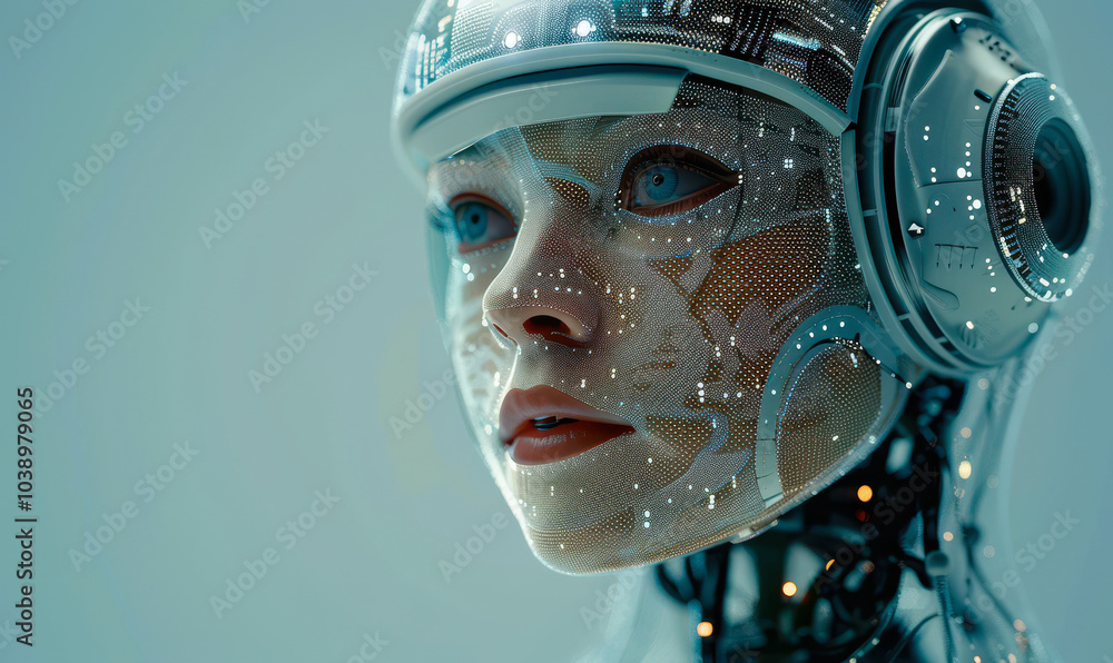 Poster futuristic ai humanoid close-up with technological interface and circuitry, symbolizing advanced rob