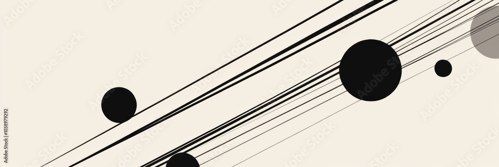 Poster Black diagonal lines cross a light background, intersecting with circles of various sizes, creating a striking minimalist design. Generative AI
