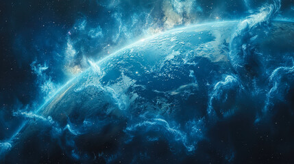 Obraz premium Stunning Blue Planet Surrounded by Cosmic Nebula in Deep Space, Celestial Landscape, Earthlike Planet, Brilliant Starry Background, Space and Astronomy Concept Image