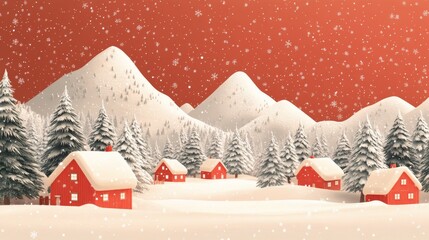 Winter landscape featuring red cabins amidst snow covered mountains and trees at sunset