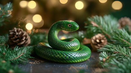 Fototapeta premium New Year card with the symbol of the year 2025 green wooden snake