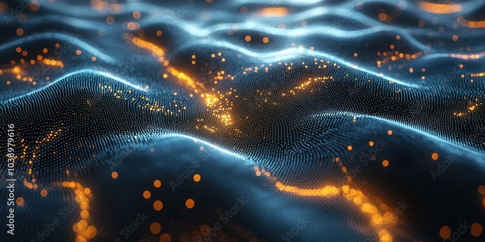 Poster abstract blue and orange wavy pattern with glowing dots