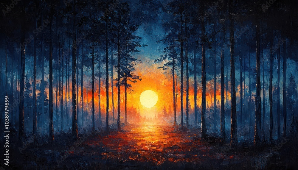 Poster sun setting through tall trees in a silhouetted forest