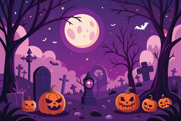 Fototapeta premium Spooky Halloween Graveyard with Pumpkins and Full Moon