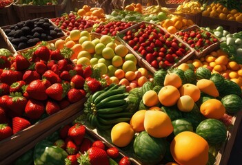 vibrant visual display fresh organic produce busy market stall filled rich colors various natural textures, basket, fruits, vegetables, freshness, arrangement
