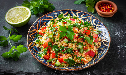 Vibrant Couscous Tabbouleh with Fresh Herbs and Vegetables on Decorative Plate on Dark Stone Table