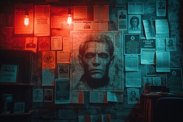 Mysterious crime investigation wall in dimly lit detective office