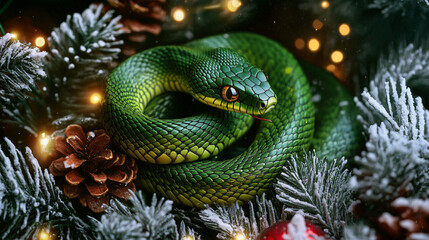 Fototapeta premium New Year card with the symbol of the year 2025 green wooden snake