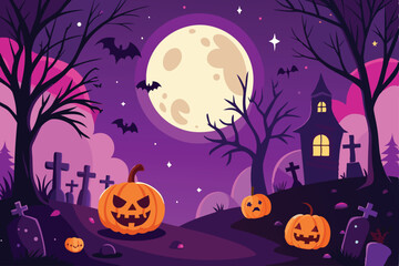 Spooky Halloween Night Cemetery Scene With JackOLanterns