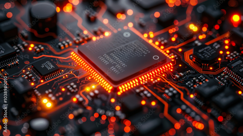 Poster close-up of glowing microchip on circuit board: futuristic technology, advanced electronics, compute