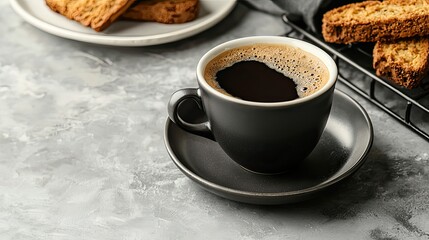 A cozy scene featuring a black coffee cup alongside some baked goods, perfect for a relaxing moment or gathering.