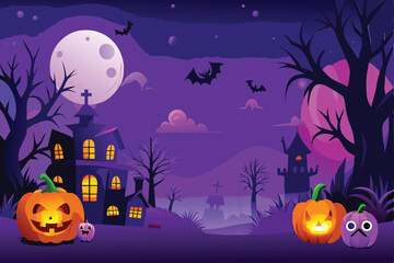 Fototapeta premium Spooky Halloween Night Scene With Haunted House