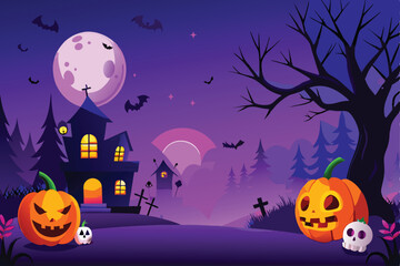 Haunted Halloween Night with JackoLanterns and Moon