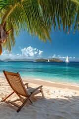 Relaxing beachside view with a wooden lounge chair and distant sailboats under a blue sky