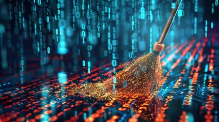 Engaging digital art of a broom clearing binary code, representing data cleansing in cybersecurity