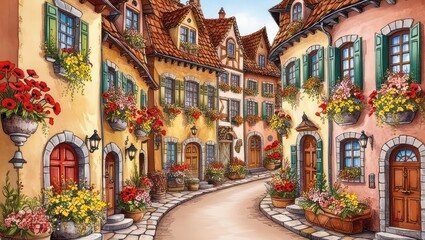 Fototapeta premium A flower street with cozy houses in a rustic style.