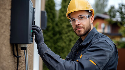 Skilled technician wearing hard hat and safety glasses, working on electrical panel outdoors. His focused expression reflects professionalism and expertise in his field
