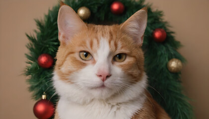 Obraz premium orange tabby cat in front of a christmas wreath
