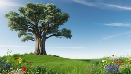 A large tree in a green meadow under a clear blue sky. Space for text.