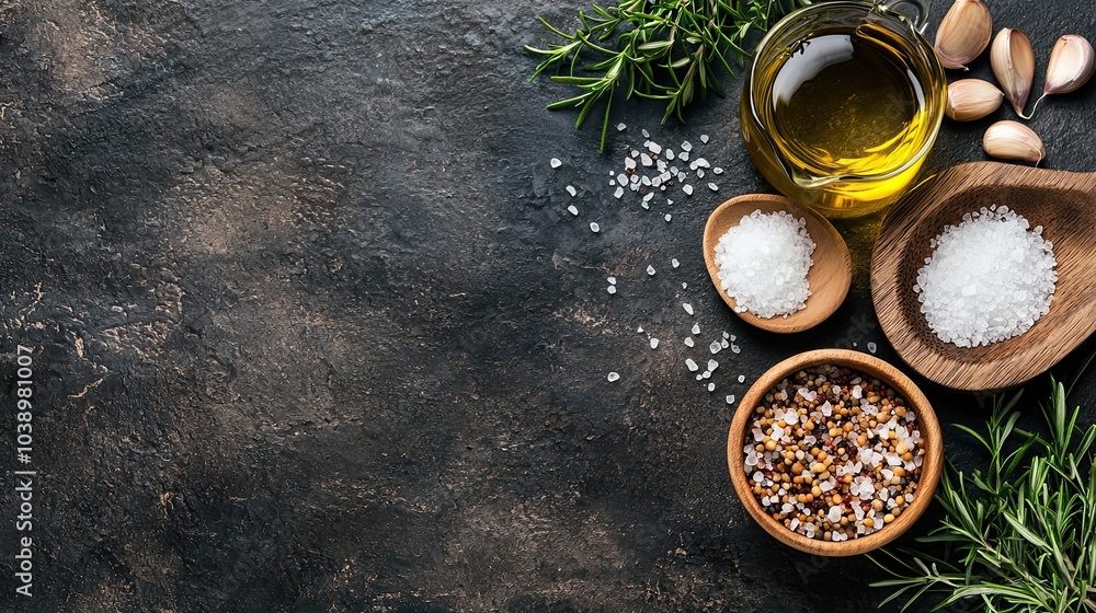 Wall mural a rustic arrangement of salt, olive oil, garlic, and herbs on a dark stone surface, perfect for culi