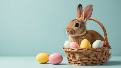 Adorable rabbit in wicker basket with colorful easter eggs on mint green background
