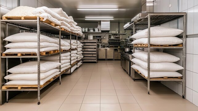 A clean, organized storage room with metal shelving units stacked with large bags of flour, suggesting a commercial kitchen or bakery environment.
