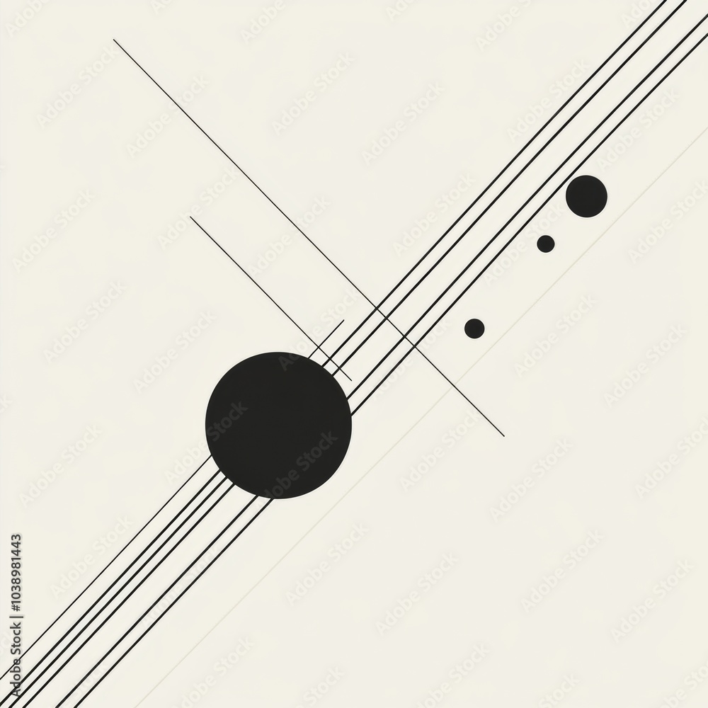 Poster a composition of intersecting black lines and circles of different sizes on a soft light backdrop de