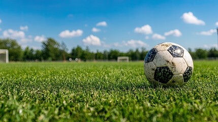 A close-up of a soccer ball resting on lush green grass under a clear blue sky, with goalposts visible in the background.