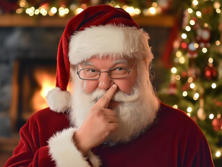 Santa Claus shushing with his hand on his mouth