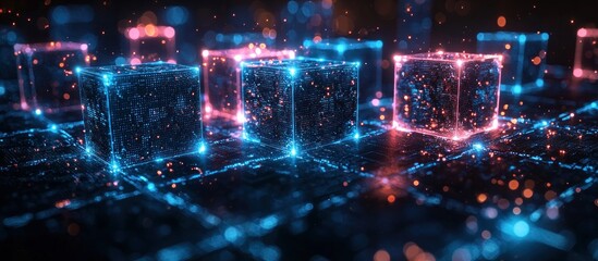 Fototapeta premium Glowing Cubes in a Digital Network Landscape