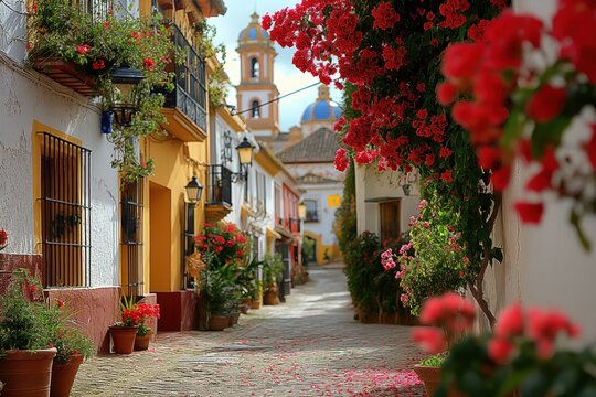 Fototapeta Charming Spanish street with colorful flowers and traditional architecture