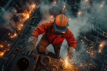 Skilled industrial worker welding on a high-rise construction project
