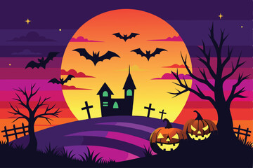 Halloween Night Spooky Scene with Bats, Moon, and Pumpkins