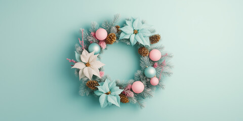 Isolated Christmas Wreath with Pastel Blue Poinsettias, Golden Pine Cones, baubles and Pink Lights, Pastel Colors on a Soft Blue Mint Background