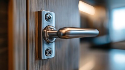 Obraz premium Sleek stainless steel door handle on a wooden door, reflecting modern design, AI
