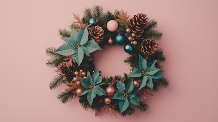 Fototapeta premium Isolated Christmas Wreath with Pastel Blue Poinsettias, Golden Pine Cones, baubles, Pastel Colors on a Soft pink Background