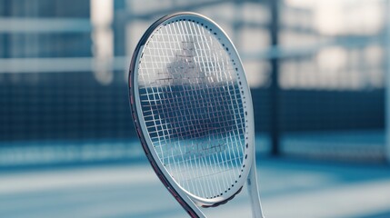 A tennis court's racket handle, outdoor setting with tennis court background, Urban style