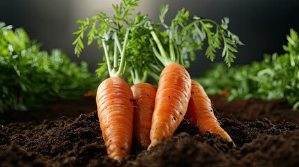 Freshly harvested carrots emerge from rich soil, showcasing their vibrant orange color and lush green tops against a blurred background.