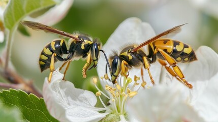 Close-up Interaction of Two Wasps on Blossoming White Flower
