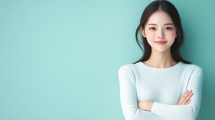 Obraz premium an Asian woman in her mid-20s, standing with her arms crossed, looking at the camera with a slight smile. The background is a solid pastel color