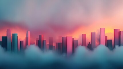Fototapeta premium A cityscape digital painting features a pink sky and cloudy foreground
