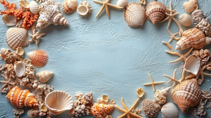Fototapeta premium Decorative arrangement of seashells and coral on a textured background showcasing ocean life
