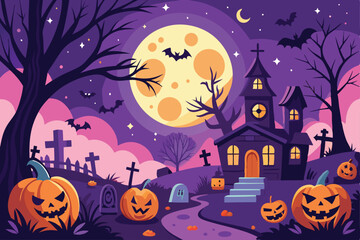 Haunted House Halloween Night Scene With Pumpkins