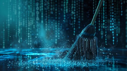 Vibrant digital scene of a broom sweeping away binary code, symbolizing cybersecurity data cleansing