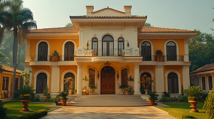 Classic Yellow Villa with a Large Yard and Palm Trees - Realistic House Illustration
